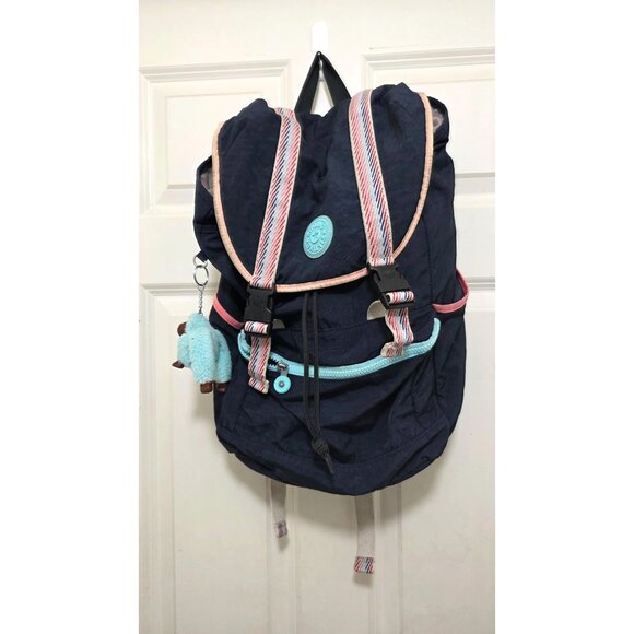 Kipling Navy Blue Backpack With Pink & Aqua Straps Front Pocket Keychain Accesso - Picture 2 of 7